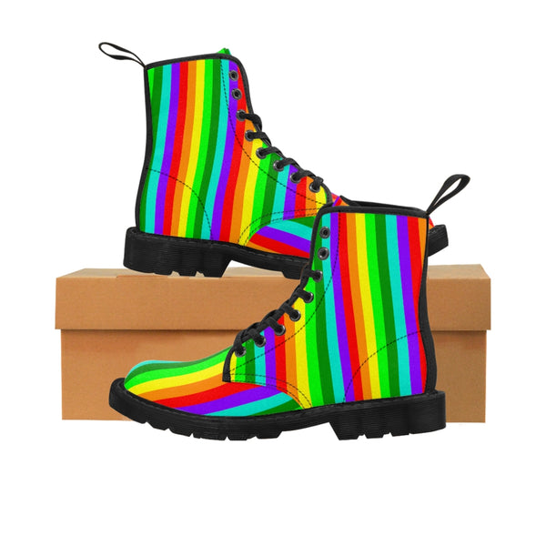 Rainbow Stripe Women's Canvas Boots, Striped Animal Print Winter Boots For Ladies-Shoes-Printify-Black-US 8.5-Heidi Kimura Art LLC Rainbow Stripe Women's Canvas Boots, Striped Modern Gay Pride Modern Essential Casual Fashion Hiking Boots, Canvas Hiker's Shoes For Mountain Lovers, Stylish Premium Combat Boots, Designer Women's Winter Lace-up Toe Cap Hiking Boots Shoes For Women (US Size 6.5-11)