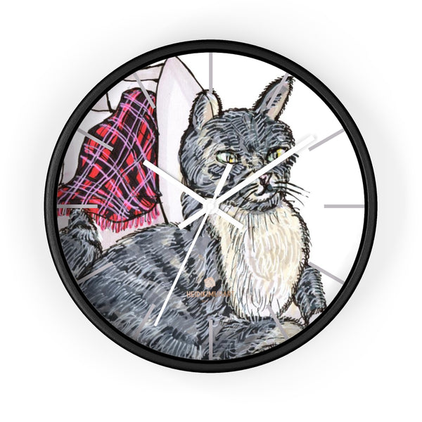 Gray Cat Print Wall Clock, Cute Animal Art Print 10 in. Dia. Indoor Wall Clock- Made in USA-Wall Clock-10 in-Black-White-Heidi Kimura Art LLC