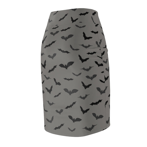 Gray Black Office Halloween Party Bats Women's Pencil Skirt- Made in USA(Size: XS-2XL)-Pencil Skirt-Heidi Kimura Art LLC
