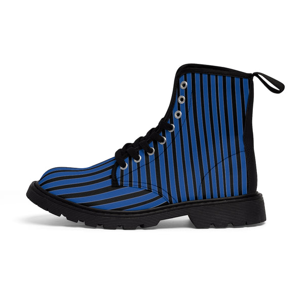 Blue Striped Print Men's Boots, Black Stripes Best Hiking Winter Boots Laced Up Shoes For Men-Shoes-Printify-Heidi Kimura Art LLC
