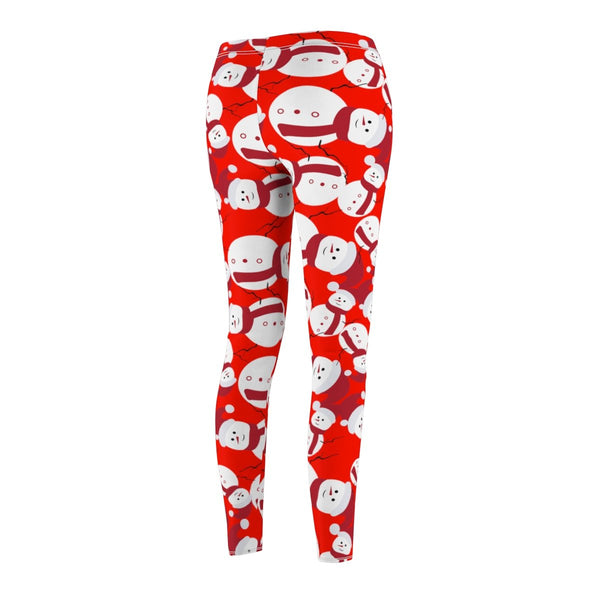 Red Fluffy Happy Cute Snowman Women's Christmas Casual Leggings -Made in USA-Casual Leggings-Heidi Kimura Art LLC