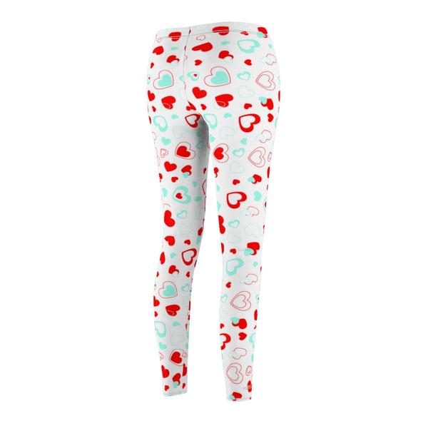 White Red Hearts Valentines Print Women's Dressy Long Casual Leggings- Made in USA-All Over Prints-Heidi Kimura Art LLC