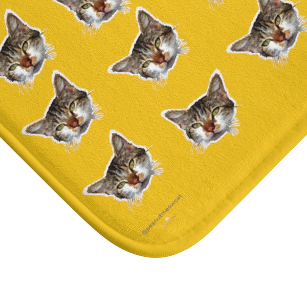 Yellow Cat Print Bath Mat, Bright Calico Cat Premium Microfiber Bath Rug- Printed in USA-Bath Mat-Heidi Kimura Art LLC