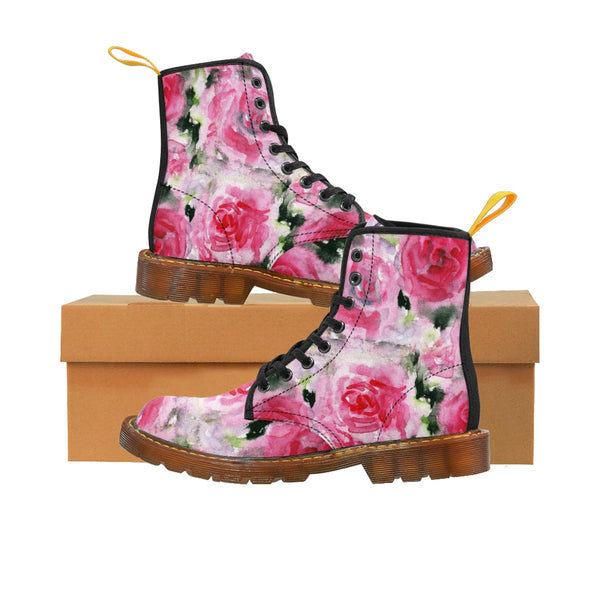 Pink Rose Floral Print Designer Women's Winter Lace-up Toe Cap Boots Shoes (US 6.5-11)-Women's Boots-Heidi Kimura Art LLC