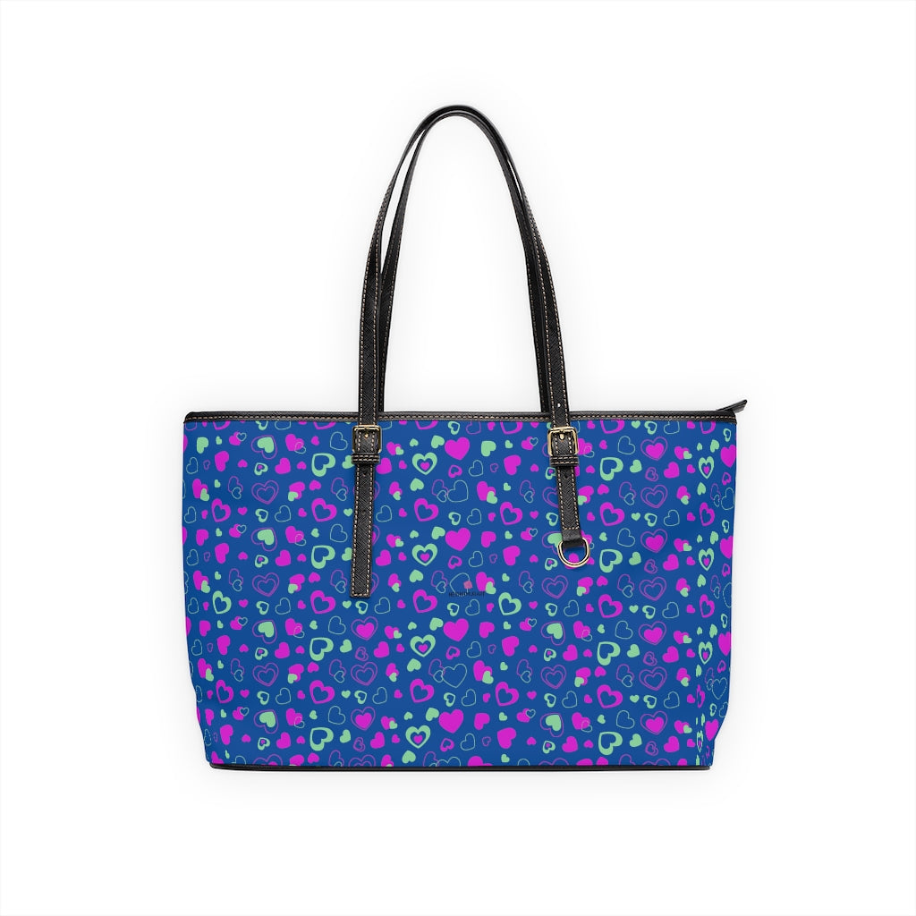 Blue Hearts Print Tote Bag, PU Leather Shoulder Hand Work Bag