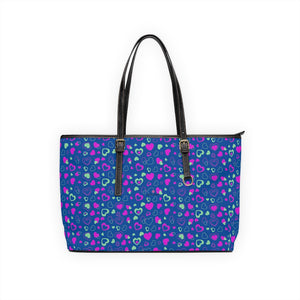 Blue Hearts Print Tote Bag, PU Leather Shoulder Hand Work Bag