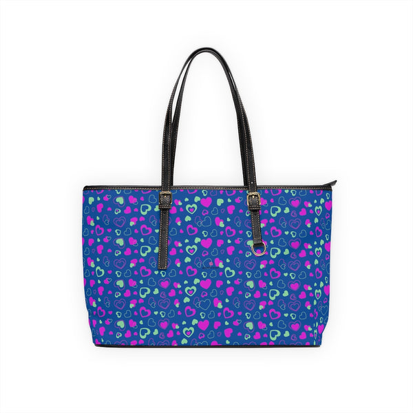 Blue Hearts Print Tote Bag, PU Leather Shoulder Hand Work Bag