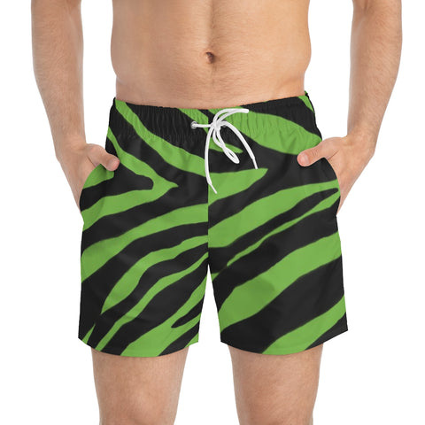 Zebra Men's Swim Trunks, Green and Black Best Designer Zebra Stripes Animal Print Swim Trunks For Men (US Size: XS-3XL)&nbsp;Animal Print Mid-Length Shorts Beach Pockets Mesh Lining Drawstring Luxury Cool Guys Casual Bathing Suit Plus Size Available Swimwear For Men