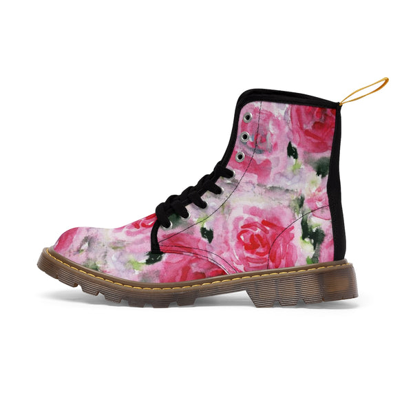 Pink Rose Floral Print Designer Women's Winter Lace-up Toe Cap Boots Shoes (US 6.5-11)-Women's Boots-Brown-US 10-Heidi Kimura Art LLC