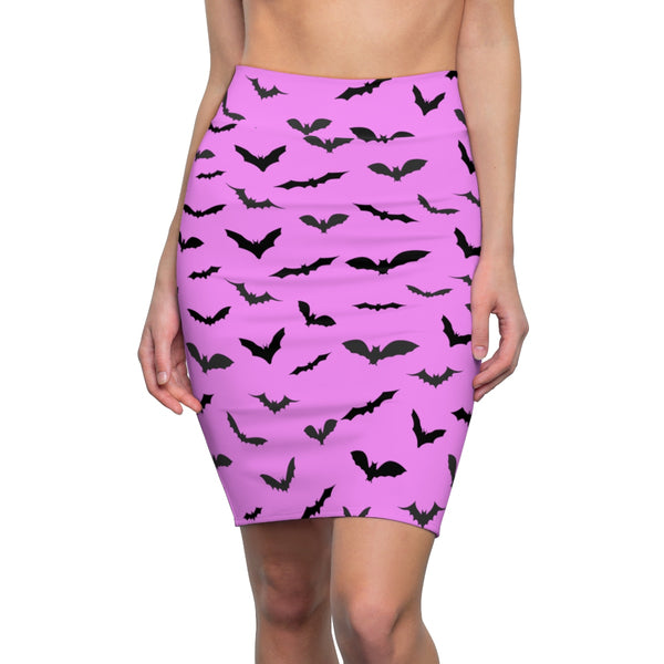 Cute Pink Black Cute Halloween Bats Women's Pencil Skirt- Made in USA (Size: XS-2XL)-Pencil Skirt-L-4 oz.-Heidi Kimura Art LLC