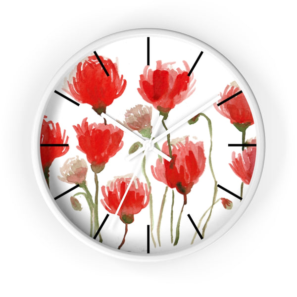 Red Poppy Floral Wall Clock,  Floral 10 inch Diameter Flower Wall Clock-Made in USA, Large Round Wood Girl Children Bedroom Wall Clock