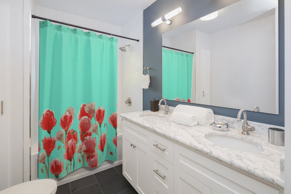 Blue Red Poppy Flower Floral Print Designer Polyester Shower Curtains- Made in USA-Shower Curtain-71" x 74"-Heidi Kimura Art LLC