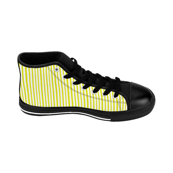 Yellow Striped High-top Sneakers, Modern Stripes Best Men's Designer Tennis Running Shoes-Shoes-Printify-Heidi Kimura Art LLC Yellow Striped Men's High-top Sneakers, Yellow White Modern Stripes Men's High Tops, High Top Striped Sneakers, Striped Casual Men's High Top For Sale, Fashionable Designer Men's Fashion High Top Sneakers, Tennis Running Shoes (US Size: 6-14)