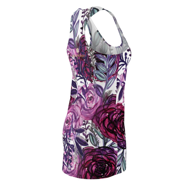 White & Purple Floral Print Designer Premium Women's Long Racerback Dress - Made in USA-Women's Sleeveless Dress-Heidi Kimura Art LLC