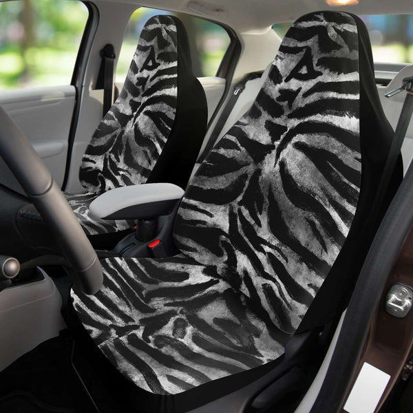 Grey Tiger Striped Car Seats Covers, 2 Pack Front Seat Tiger Animal Print Elastic Bestselling Animal Print Essential Premium Quality Best Machine Washable Microfiber Luxury Car Seat Cover - 2 Pack For Your Car Seat Protection, Cart Seat Protectors, Car Seat Accessories, Pair of 2 Front Seat Covers, Custom Seat Covers