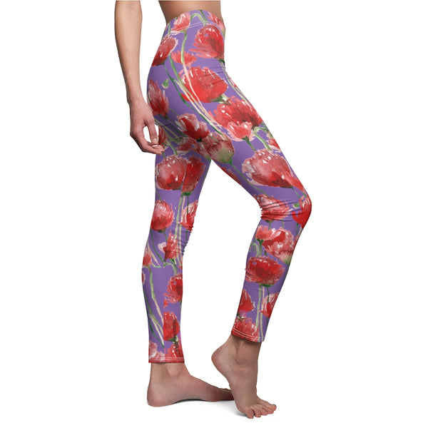 Purple Poppy Floral Casual Tights, Best Women's Floral Casual Leggings