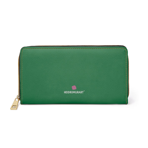 Dark Green Color Zipper Wallet, Solid Green Color Best 7.87" x 4.33" Luxury Cruelty-Free Faux Leather Women's Wallet & Purses Compact High Quality Nylon Zip & Metal Hardware, Luxury Long Wallet With Cardholders For Modern Women