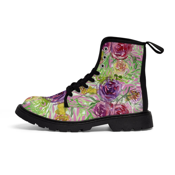 Pink Mixed Floral Women's Boots, Flower Rose Print Elegant Feminine Casual Fashion Gifts, Flower Rose Print Shoes For Rose Lovers, Combat Boots, Designer Women's Winter Lace-up Toe Cap Hiking Boots Shoes For Women (US Size 6.5-11)