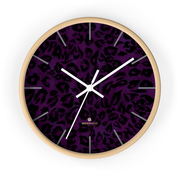 Purple Leopard Animal Print Large Unique Indoor Designer 10" Dia. Wall Clocks- Made in USA-Wall Clock-10 in-Wooden-White-Heidi Kimura Art LLC