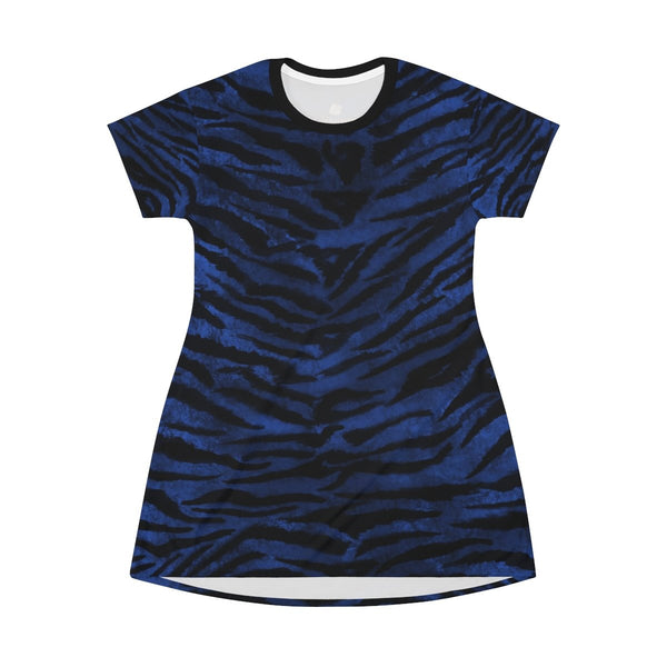 Navy Blue Tiger Stripe Animal Print Designer Long Crew Neck T-shirt Dress-Made in USA-T-Shirt Dress-Heidi Kimura Art LLC