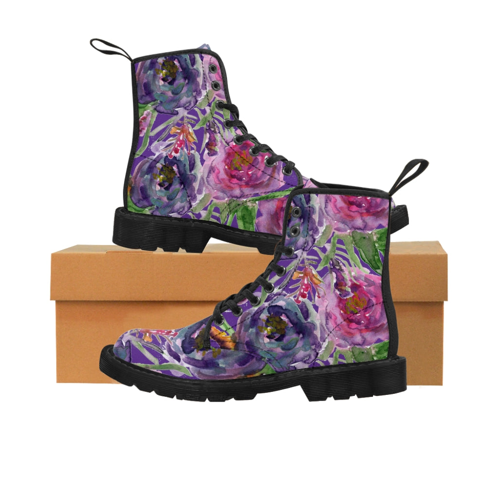 Purple Pink Floral Women's Boots, Flower Rose Print Elegant Feminine Casual Fashion Gifts, Flower Rose Print Shoes For Rose Lovers, Combat Boots, Designer Women's Winter Lace-up Toe Cap Hiking Boots Shoes For Women (US Size 6.5-11)