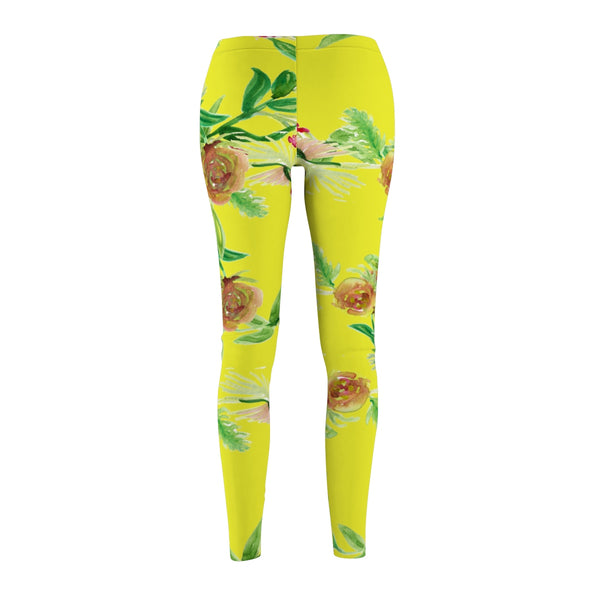 Lemon Yellow Rose Floral Print Women's Tights / Casual Leggings - Made in USA-Casual Leggings-Heidi Kimura Art LLC