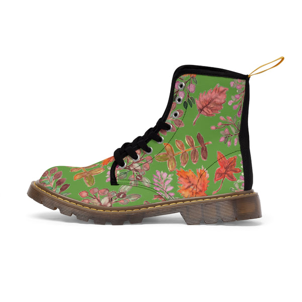 Green Fall Leaves Women's Boots, Green Autumn Fall Leaves Print Women's Boots, Combat Boots, Designer Women's Winter Lace-up Toe Cap Hiking Boots Shoes For Women (US Size 6.5-11) Fall Leaves Fashion Canvas Shoes, Fall Leaves Print Winter Boots, Autumn Leaves Printed Boots For Ladies, Colorful Boots For Women