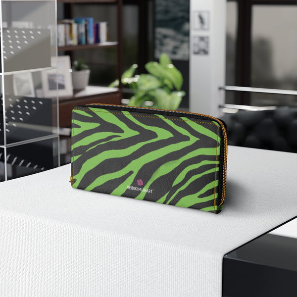 Green Zebra Animal Print Wallet, Best Zebra Striped Animal Print Best 7.87" x 4.33" Luxury Cruelty-Free Faux Leather Women's Wallet & Purses Compact High Quality Nylon Zip & Metal Hardware, Luxury Long Wallet Card Cases For Women