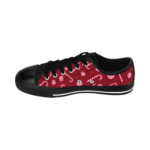 Burgundy Red White Candy Cane Christmas Print Men's Low Top Sneakers Tennis Shoes-Men's Low Top Sneakers-Heidi Kimura Art LLC