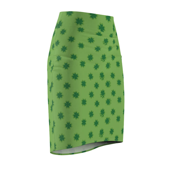 Light Green Irish Lucky Clover Leaf Print St. Patrick's Day Women's Pencil Skirt- Made in USA-Pencil Skirt-Heidi Kimura Art LLC