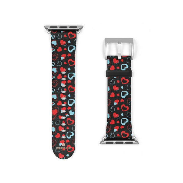 Black Red Hearts Shaped V Day 38mm/42mm Watch Band For Apple Watch- Made in USA-Watch Band-38 mm-Silver Matte-Heidi Kimura Art LLC