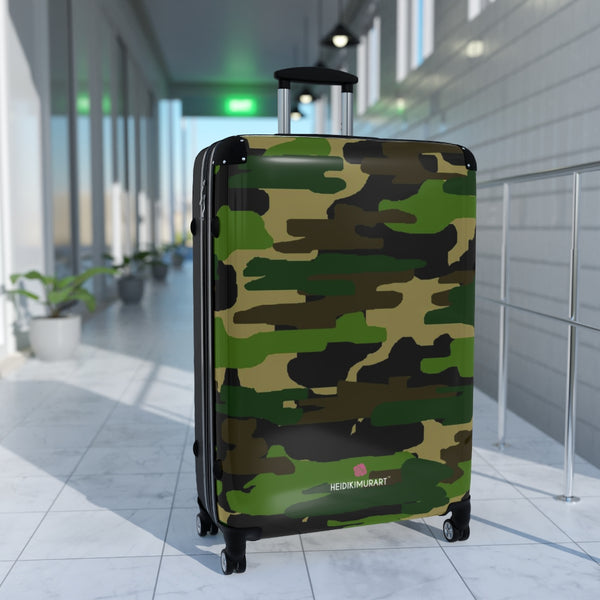 Green Camo Print Suitcases, Military Camo Print&nbsp;Designer Suitcase With&nbsp;TSA-approved&nbsp;Lock, Best&nbsp;Suitcase Luggage (Small, Medium, Large)&nbsp;Unique Cute Spacious Versatile and Lightweight Carry-On or Checked In Suitcase, Best&nbsp;Personal Superior Designer Adult's Travel Bag Custom Luggage - Gift For Him or Her - Made in USA/ UK