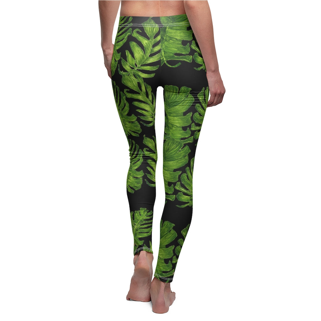 Black Green Tropical Leaf Print Women's Dressy Long Best Casual Leggings-Made in USA-Casual Leggings-White Seams-M-Heidi Kimura Art LLC