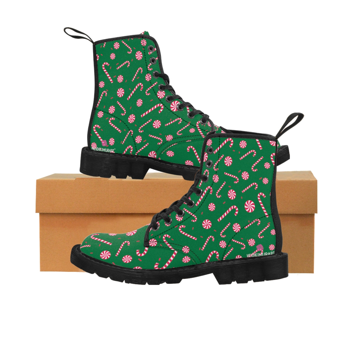 Green Christmas Women's Canvas Boots, Green Red Candy Cane Color Laced Up Winter Fashion Boots, Classic Christmas Festive Holiday Party Fun Designer Women's Winter Lace-up Toe Cap Ankle Hiking Boots (US Size 6.5-11) Casual Fashion Winter Boots For Ladies