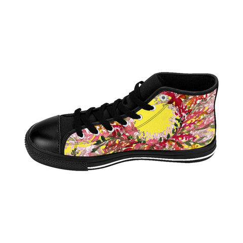 Yellow Red Fall Floral Print Designer Men's High-top Sneakers Running Tennis Shoes-Men's High Top Sneakers-Black-US 9-Heidi Kimura Art LLC