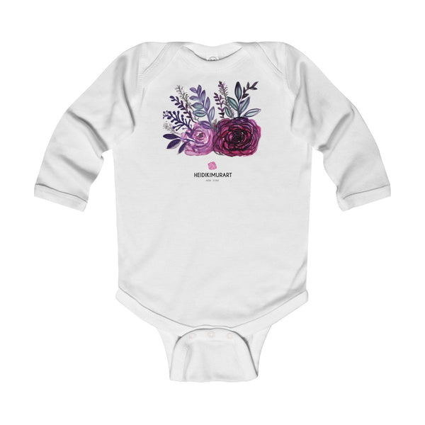 Floral Rose Print Infant Long Sleeve Bodysuit - Made in United Kingdom (Size: 6M-24M)-Kids clothes-White-12M-Heidi Kimura Art LLC