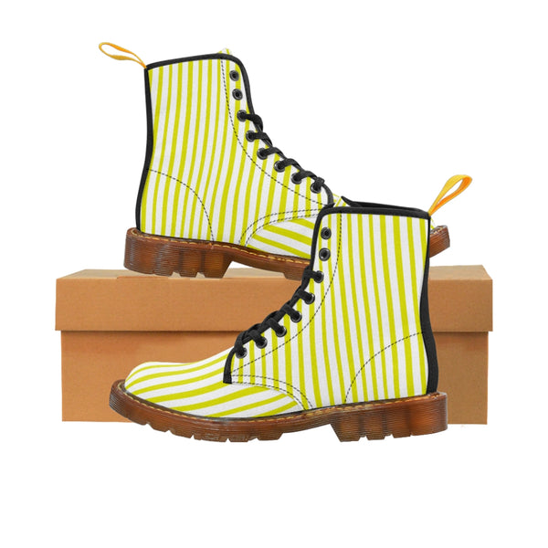 Yellow Striped Women's Canvas Boots, Vertically White Striped Print Winter Boots For Ladies-Shoes-Printify-Brown-US 8.5-Heidi Kimura Art LLC
