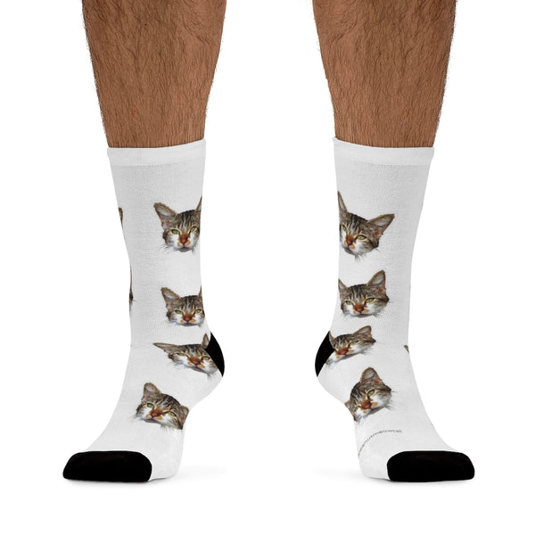 White Cat Print Socks, Designer Cute Calico Cat 1-Size Knit Premium Socks- Made in USA-Socks-One size-Heidi Kimura Art LLC