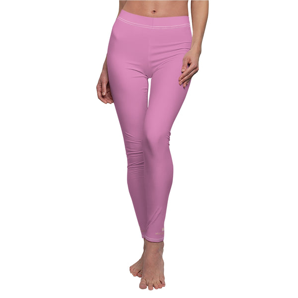 Pink Solid Color Print Women's Dressy Long Casual Leggings- Made in USA-All Over Prints-Heidi Kimura Art LLC