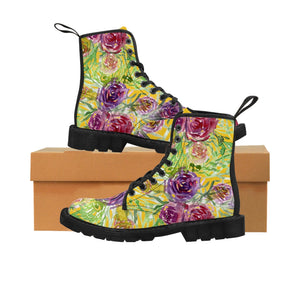 Yellow Rose Floral Women's Boots, Pink Purple Rose Best Cute Chic Best Flower Printed Elegant Feminine Casual Fashion Gifts, Flower Rose Print Shoe, Combat Boots, Designer Women's Winter Lace-up Toe Cap Hiking Boots Shoes For Women (US Size 6.5-11)