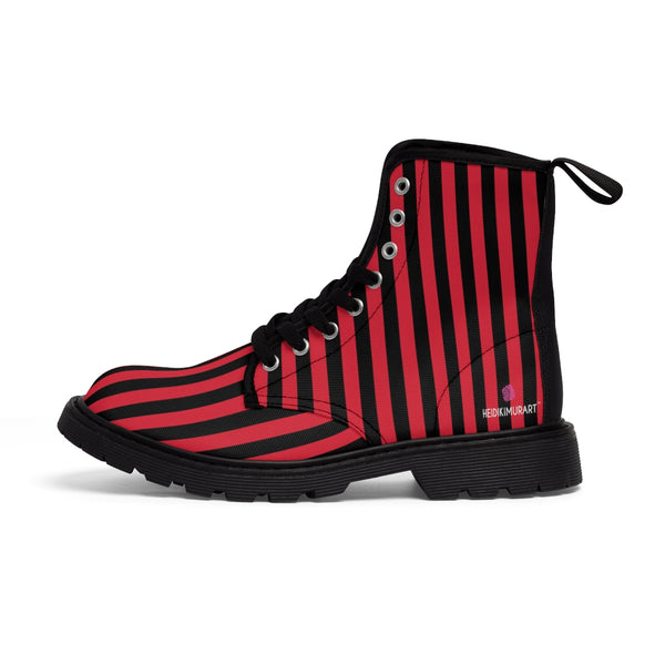 Red Black Striped Women's Boots, Best Vertical Stripes Print Elegant Feminine Casual Fashion Gifts, Combat Boots, Designer Women's Winter Lace-up Toe Cap Hiking Boots Shoes For Women (US Size 6.5-11) 