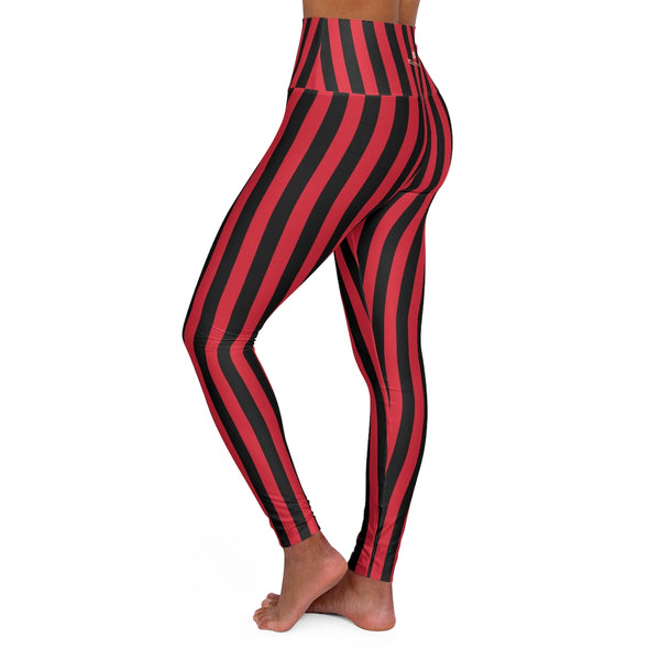 Red Black Striped Tights, High Waisted Vertical Stripes Yoga Leggings Long Women Yoga Tights-All Over Prints-Printify-Heidi Kimura Art LLC