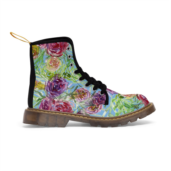 Blue Yellow Rose Women's Boots, Floral Print Elegant Feminine Casual Fashion Gifts, Flower Rose Print Shoes For Rose Lovers, Combat Boots, Designer Women's Winter Lace-up Toe Cap Hiking Boots Shoes For Women (US Size 6.5-11)