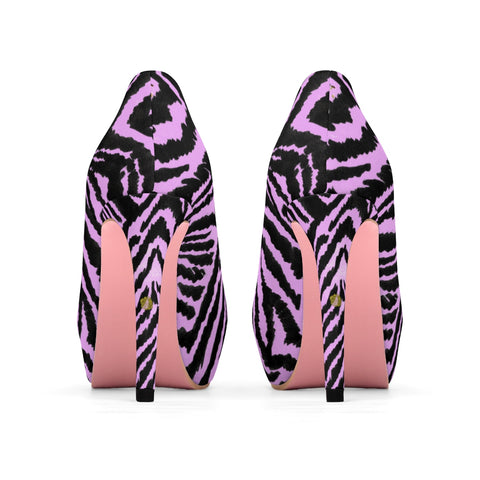 Pink Zebra Black White Stripe Animal Print Women's Platform Heels Pumps Shoes-4 inch Heels-US 7-Heidi Kimura Art LLC