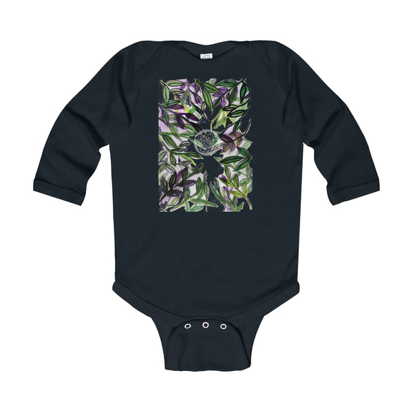 Green Tropical Leaves Baby Infant Long Sleeve Bodysuit - Made in UK (UK Size: 6M-24M)-Kids clothes-Black-12M-Heidi Kimura Art LLC