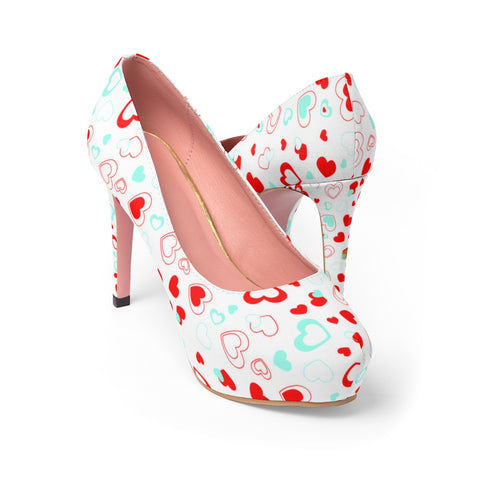 White Red Heart Shaped Print Designer Valentine's Day Women's Platform Heels Shoes-4 inch Heels-US 7-Heidi Kimura Art LLC