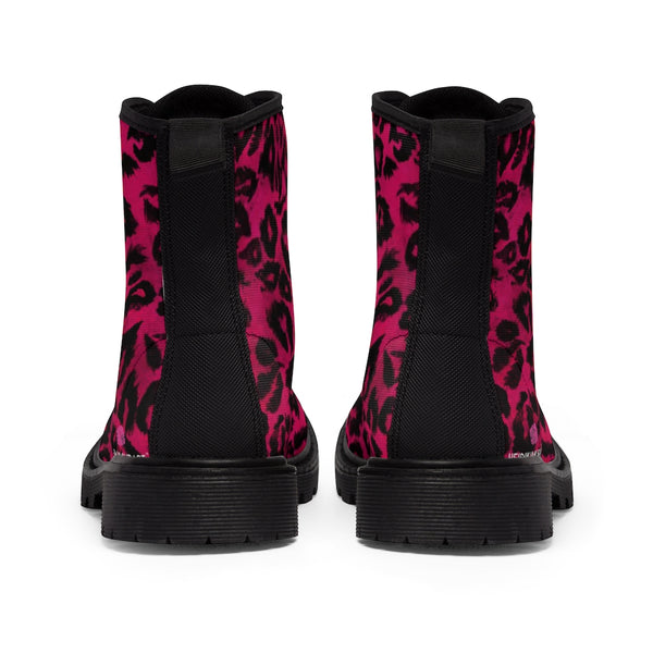 Hot Pink Women's Canvas Boots, Hot Pink Best Leopard Animal Print Winter Boots For Ladies