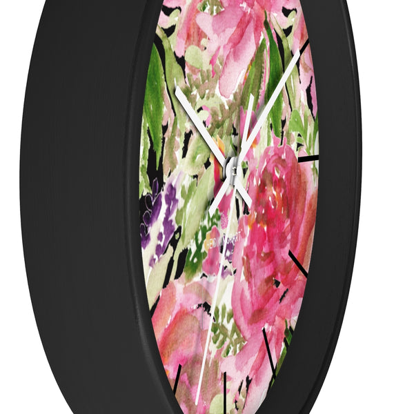 Pink Floral Rose Wall Clock,  Floral 10 inch Diameter Wall Clock, Large Round Wood Girl Children Bedroom Wall Clock