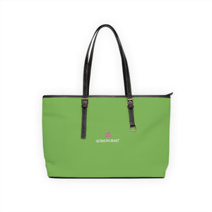 Light Green Zipped Tote Bag, Solid Light Green Color Modern Essential Designer PU Leather Shoulder Large Spacious Durable Hand Work Bag 17"x11"/ 16"x10" With Gold-Color Zippers & Buckles & Mobile Phone Slots & Inner Pockets, All Day Large Tote Luxury Best Sleek and Sophisticated Cute Work Shoulder Bag For Women With Outside And Inner Zippers
