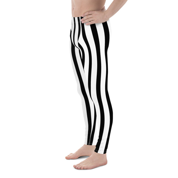 Black White Vertical Striped Meggings, Men's Running Leggings Tights -Made in USA/EU-Men's Leggings-Heidi Kimura Art LLC
